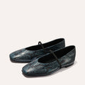 The Phoebe - Aqua Python Embossed by Margaux: flat ballet shoes featuring a dark teal and black snakeskin pattern with a slim black strap across the top, shown on a light background.