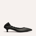 The Roma 40 - Black Nappa by Margaux is a chic black pointed-toe flat with a stylish heel and ruched top edge, shown against a plain light background.
