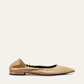 The Roma - Praline Nappa by Margaux is a tan, pointed-toe flat with a ruched heel and low square heel, shown against a plain light background.