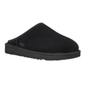The UGG Mens Classic Slip-On Black, crafted from signature suede and sheepskin, features a closed toe, open heel, flat sole, subtle UGG branding, and delivers lasting comfort.