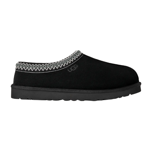 Introducing the UGG Men's Tasman II Black slipper—a black slip-on with a thick sole, suede upper, embroidered ankle trim, and the iconic UGG logo on the side.
