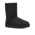 The UGG Womens Classic Short II Boot in black, featuring a rounded toe, flat sole, and mid-calf height, is displayed from a side angle on a white background.