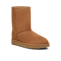 The UGG Womens Classic Short II Boot in Chestnut features a brown suede mid-calf design, visible stitching, flat ridged rubber sole, and soft sheepskin lining. Shown against a plain white background.