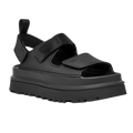 The UGG Womens Goldenglow Sandals in black feature an open-toe, chunky platform design with adjustable Velcro straps, thick treaded sole, and a heel pull tab—modern, comfortable sandals ideal for everyday wear.