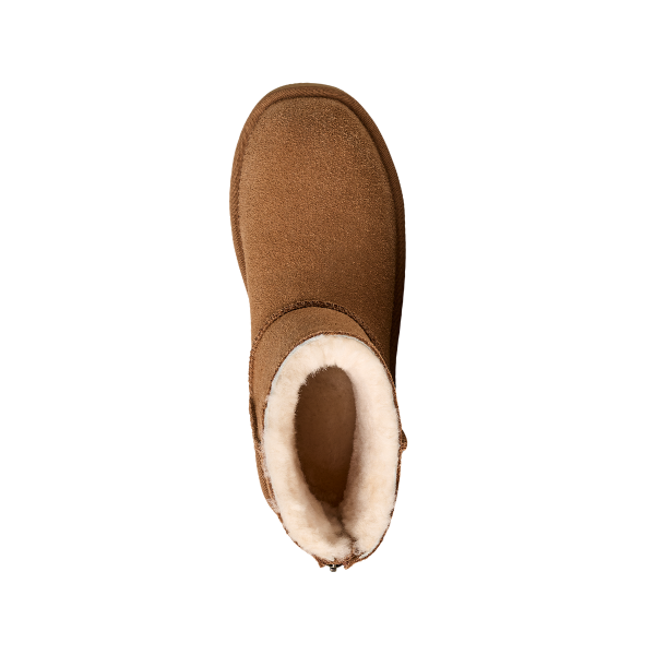 A top-down view of the UGG Women's Marais Zip Up Chestnut boot by UGG, featuring brown suede, a rounded toe, and a white, fluffy inner lining, isolated on a white background.