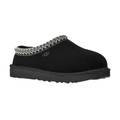The UGG Women's Tasman II Black slipper features black suede, a thick sole, and patterned trim—shown in side view on a white background, it's ideal for those who love classic women's sheepskin slippers.