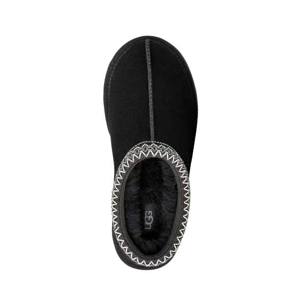 Top view of the UGG Women's Tasman II Black, a signature sheepskin slipper with plush fur lining and decorative stitching from UGG.