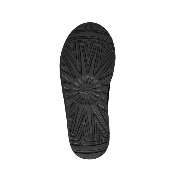 The image shows the bottom view of the UGG Women's Tasman II Black slide by UGG, featuring a black sole with a geometric tread pattern of radial lines and grooves for added grip.