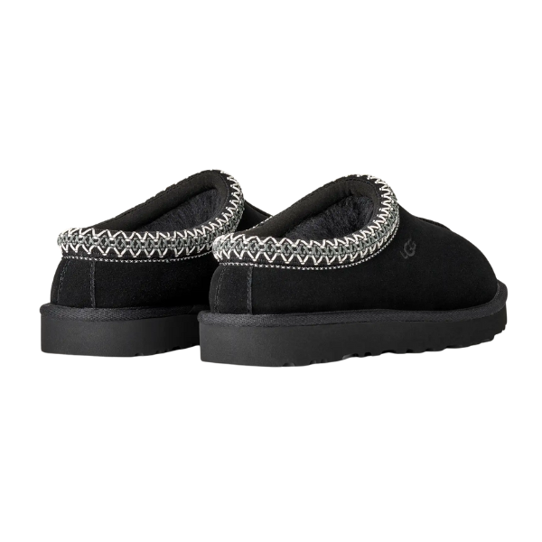 The UGG Women's Tasman II Black features black suede, thick soles, and white collar stitching, shown from the back and side against a white background.