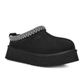 The UGG Womens Tazz Slipper Black is a slip-on with a thick platform sole, UGG logo on the side, distinctive stitching along the upper edge, and lined with cozy UGGplush™ wool blend for superior comfort.