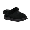 The UGG Womens Tazzette Slipper in black features a thick Treadlite by UGG sole, plush sheepskin lining at the opening, and subtle top stitching for style and comfort.