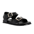 The ZIERA Womens Hastice Black Leather sandal features an open toe and back, two Wide straps with silver buckles, a flat sole with foam cushioning for comfort, and a modern, stylish look.