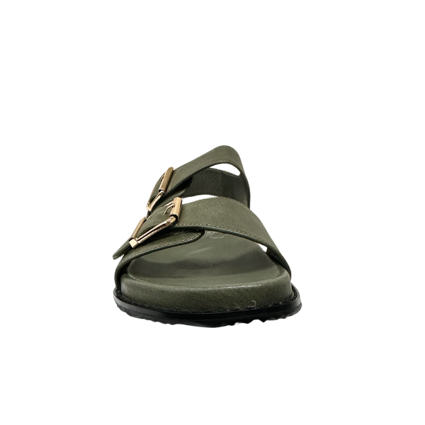 Front view of the ZIERA Womens Hastice Olive Leather sandal with two gold buckles and a black sole, designed for foot pain relief, isolated on a white background.