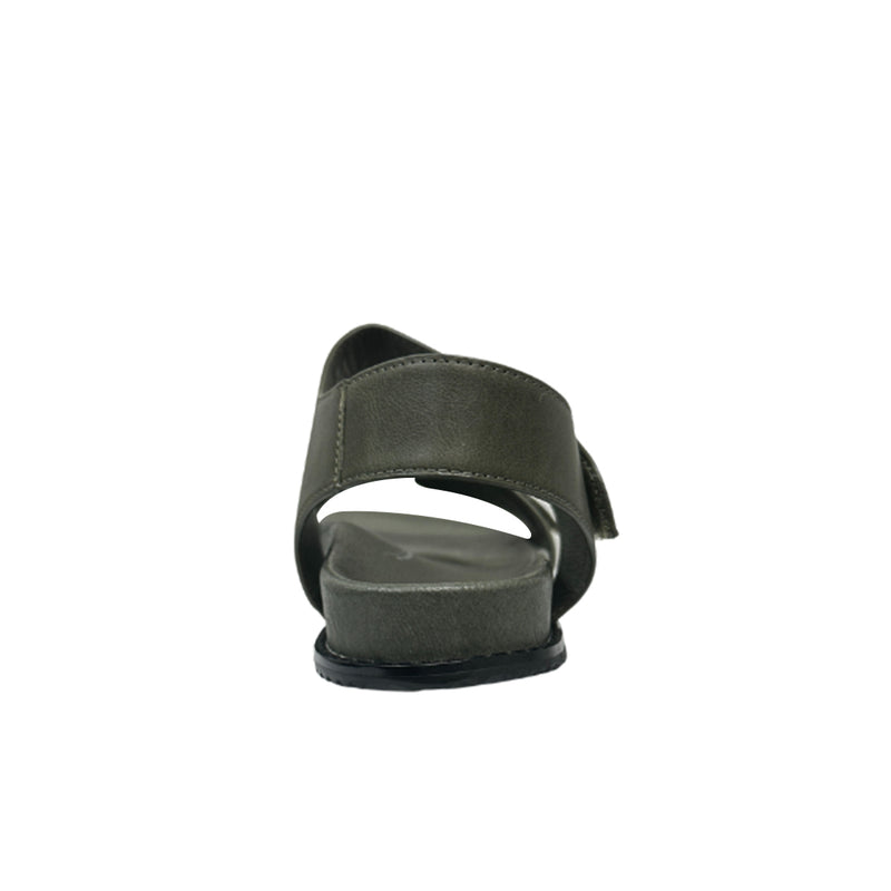 The ZIERA Womens Hastice Olive Leather sandal is shown from the back, displaying a thick sole and Wide top strap. Designed for foot pain relief, these leather sandals appear against a plain white background.